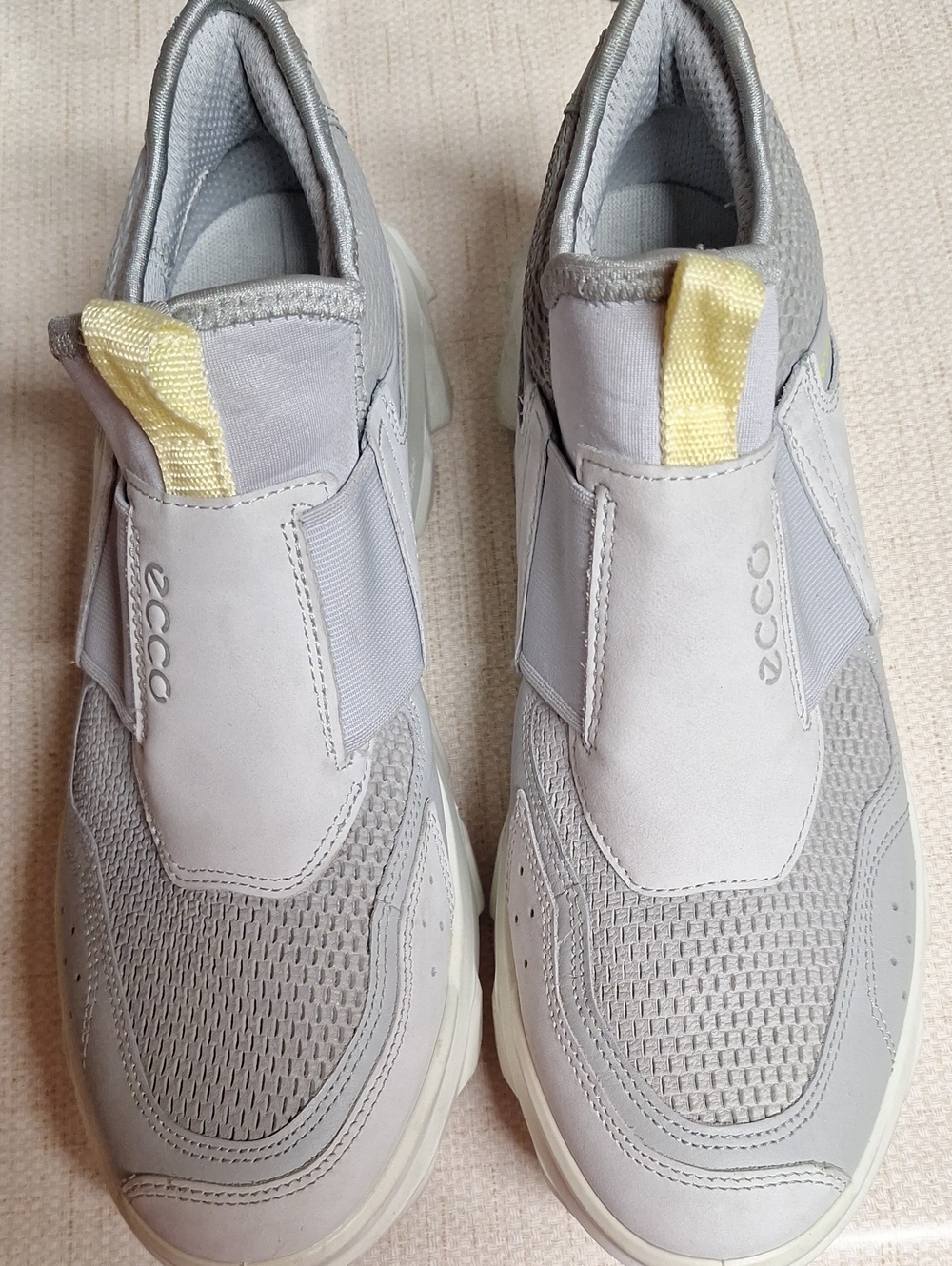 Womens ECCO MX Slip-On Sneakers in Light Gray with Yellow Pull Tab